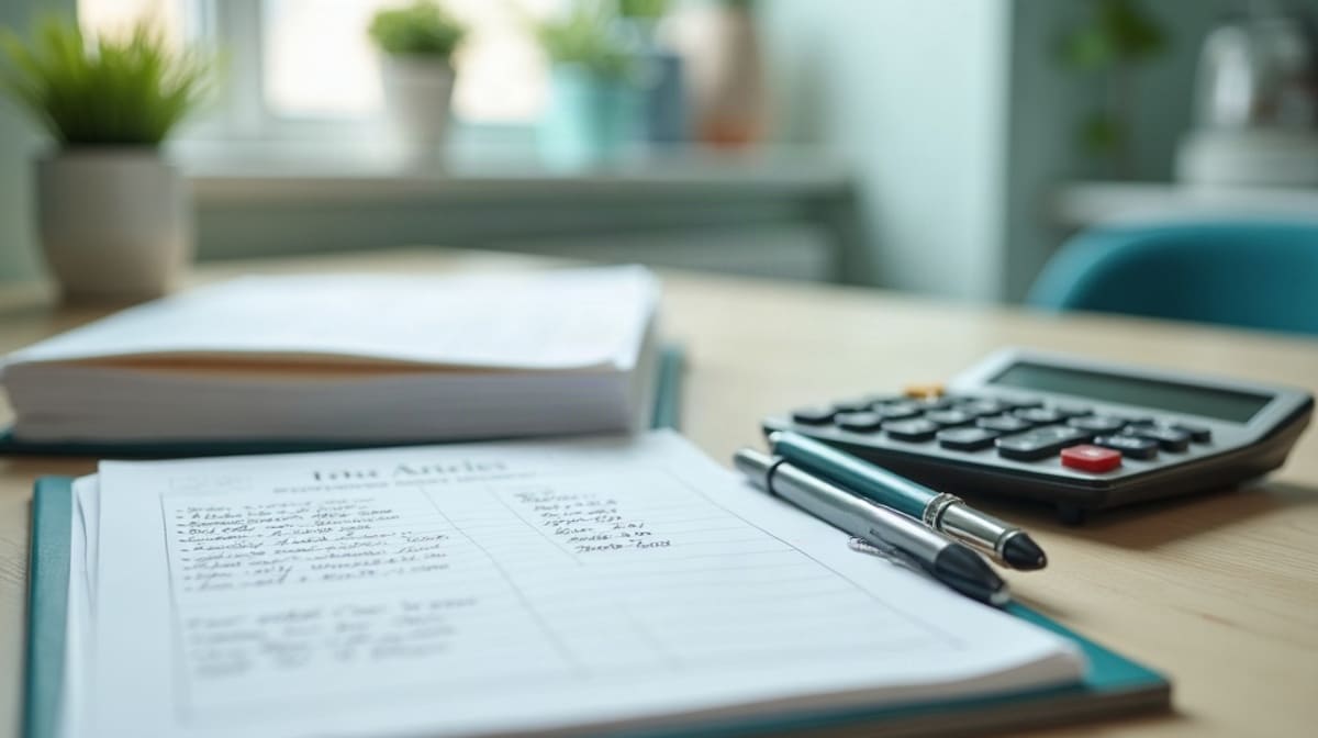 Calculatrice, dossier de papiers administratifs et carnet de calculs posés sur une table de cuisine