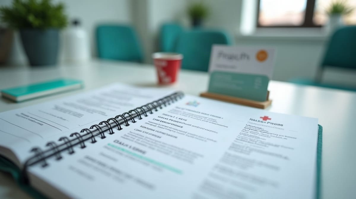 Agenda fermé, carte Vitale et liste de cabinets posés sur un bureau de salle d’attente