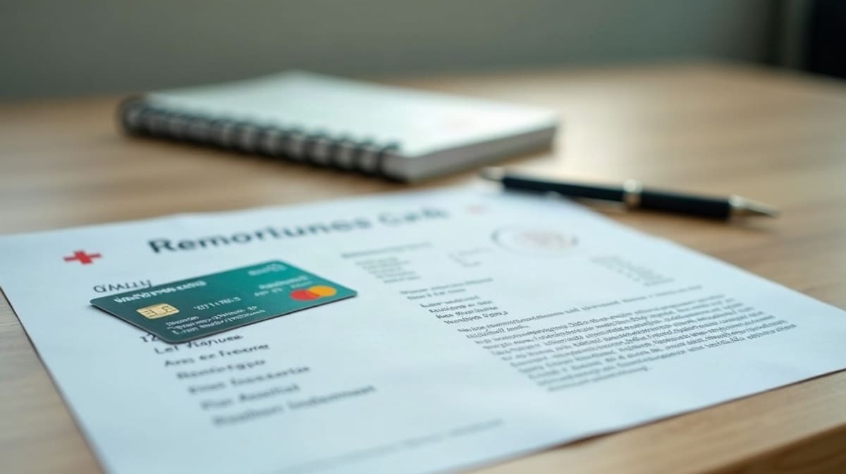 Carte Vitale posée sur un bureau à côté d’une attestation de droits et d’un stylo