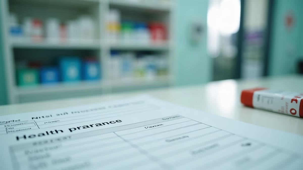 Ordonnance, carte Vitale et boîte de stylos injectables posées sur un comptoir de pharmacie